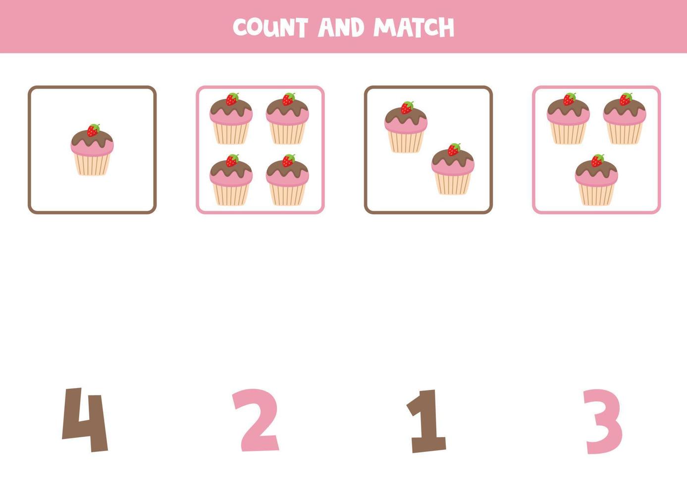 räkning spel för ungar. räkna Allt rosa muffins och match med tal. kalkylblad för barn. vektor
