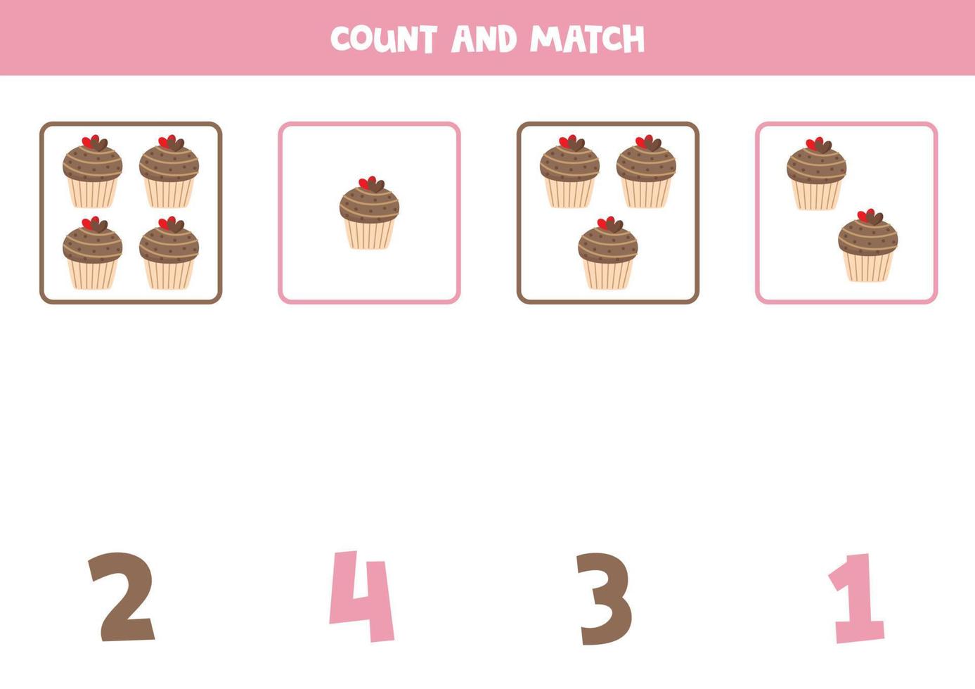 räkning spel för ungar. räkna Allt muffins och match med tal. kalkylblad för barn. vektor