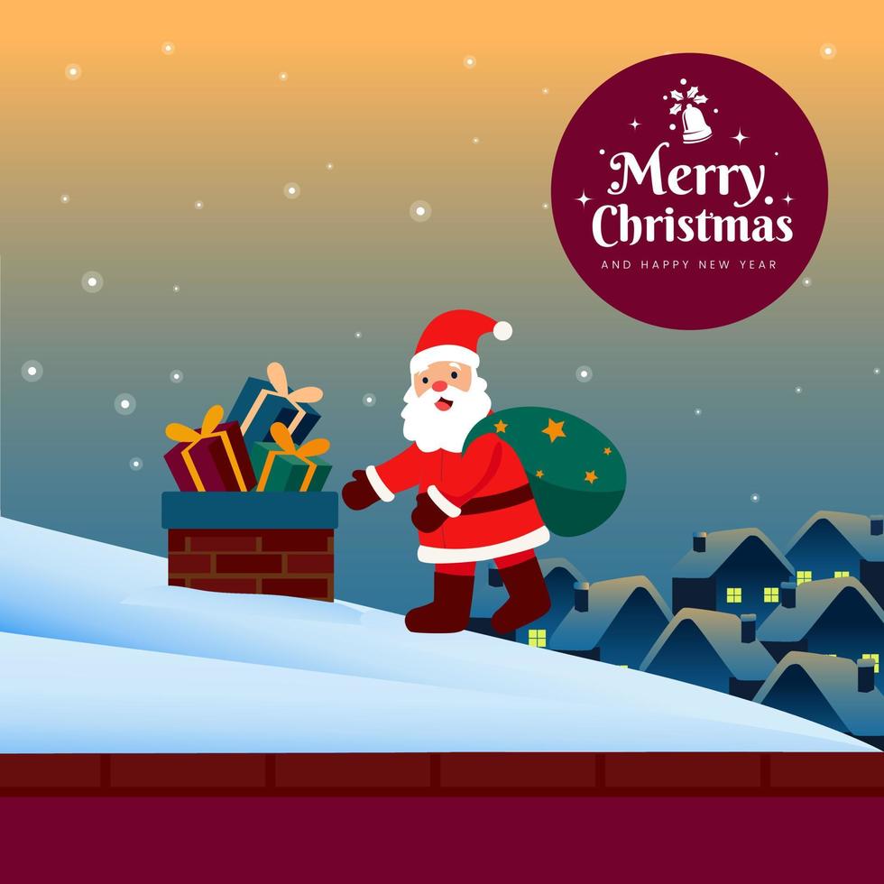 glad jul med santa föra gåva låda på de tak social media posta eller affisch vektor