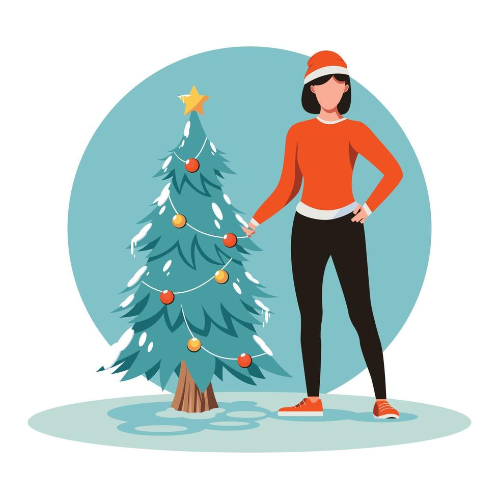 skön vinter- flicka med en jul träd. karaktär illustration vektor