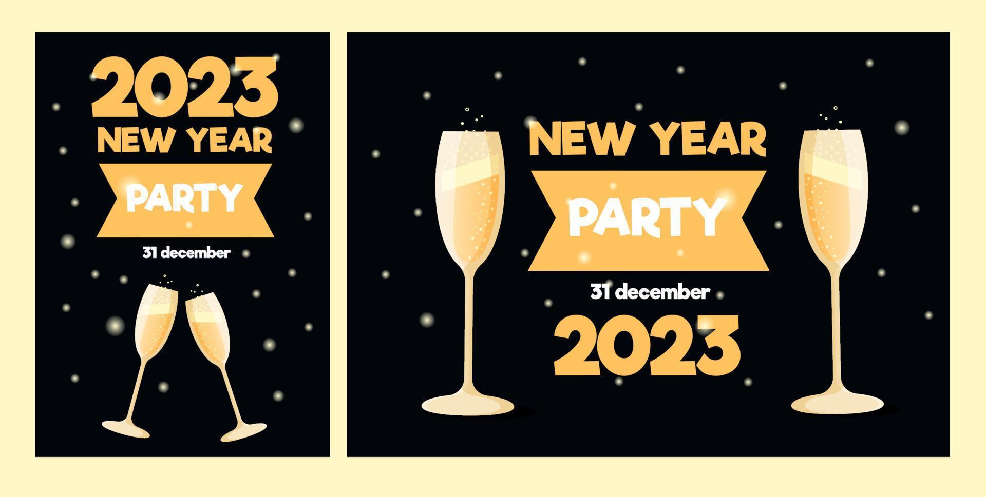 neujahrsgrußkarte einladungsplakat mit gläsern champagner 2023 vektor