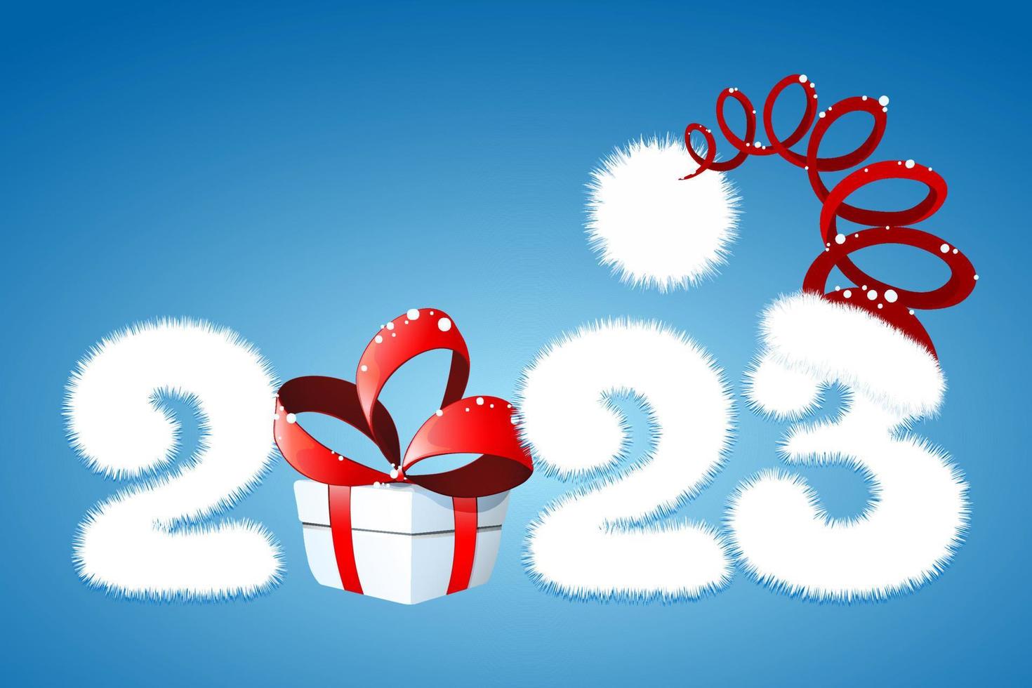 söt fluffig vit tecknad serie 2023 ny år siffra med gåva låda och santa claus hatt. jul, ny år begrepp vektor