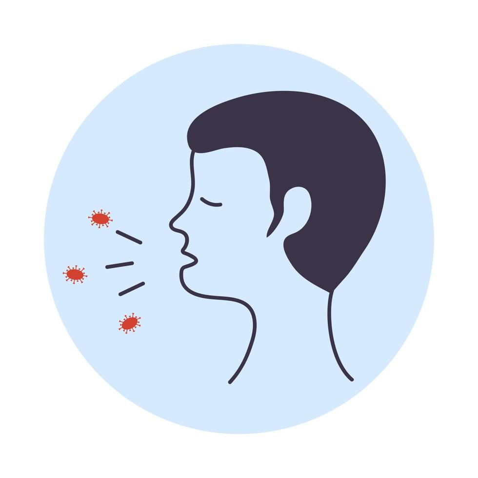 Übertragung Atemtröpfchen, die beim Husten und Niesen entstehen. Mannkopf-Symbol mit tropfender Nase und Mundtropfen. vektor