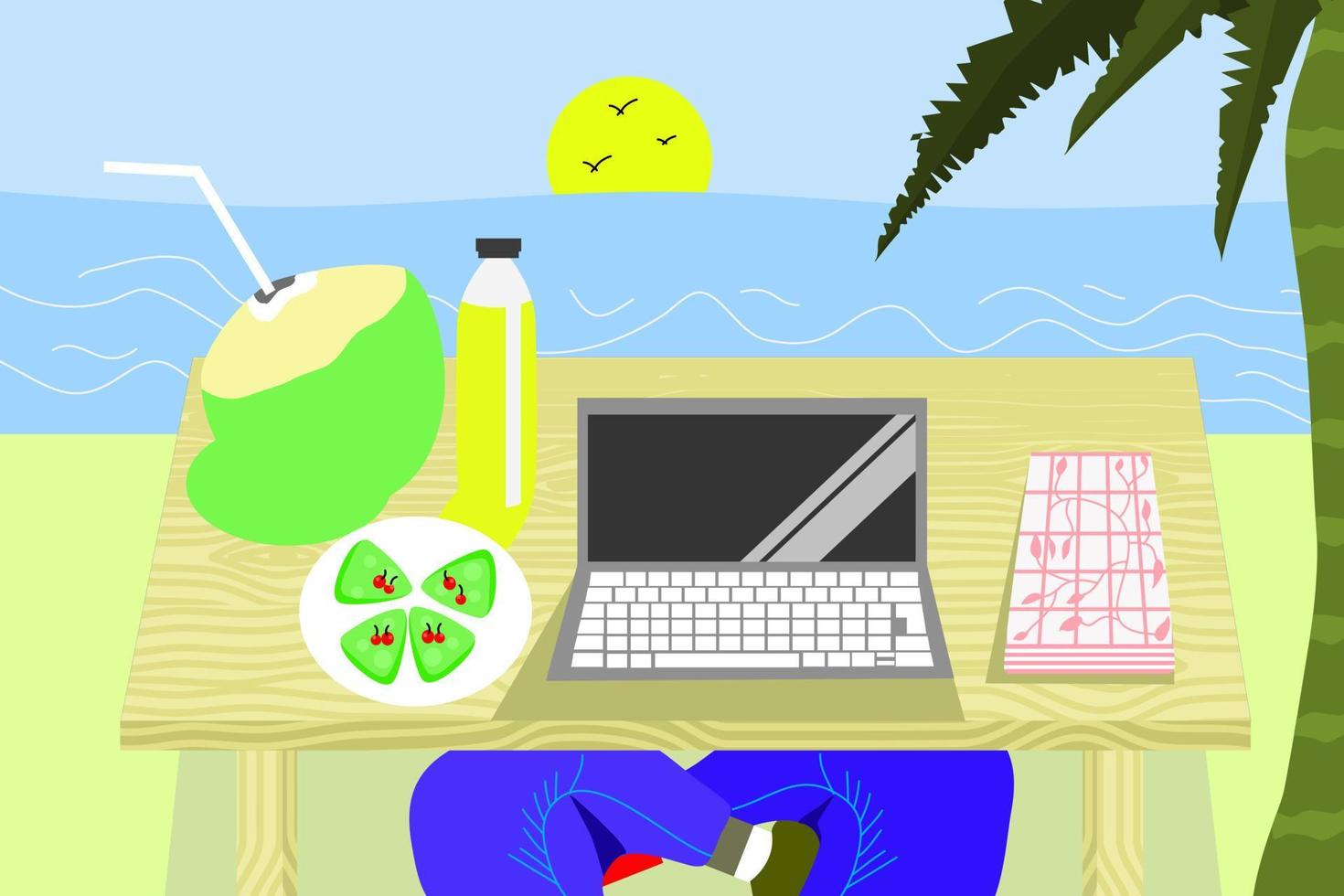 sommer bakcgorund, arbeiten während des urlaubs am strand im sommer, essen pfannkuchen und trinken kokosnuss vektor
