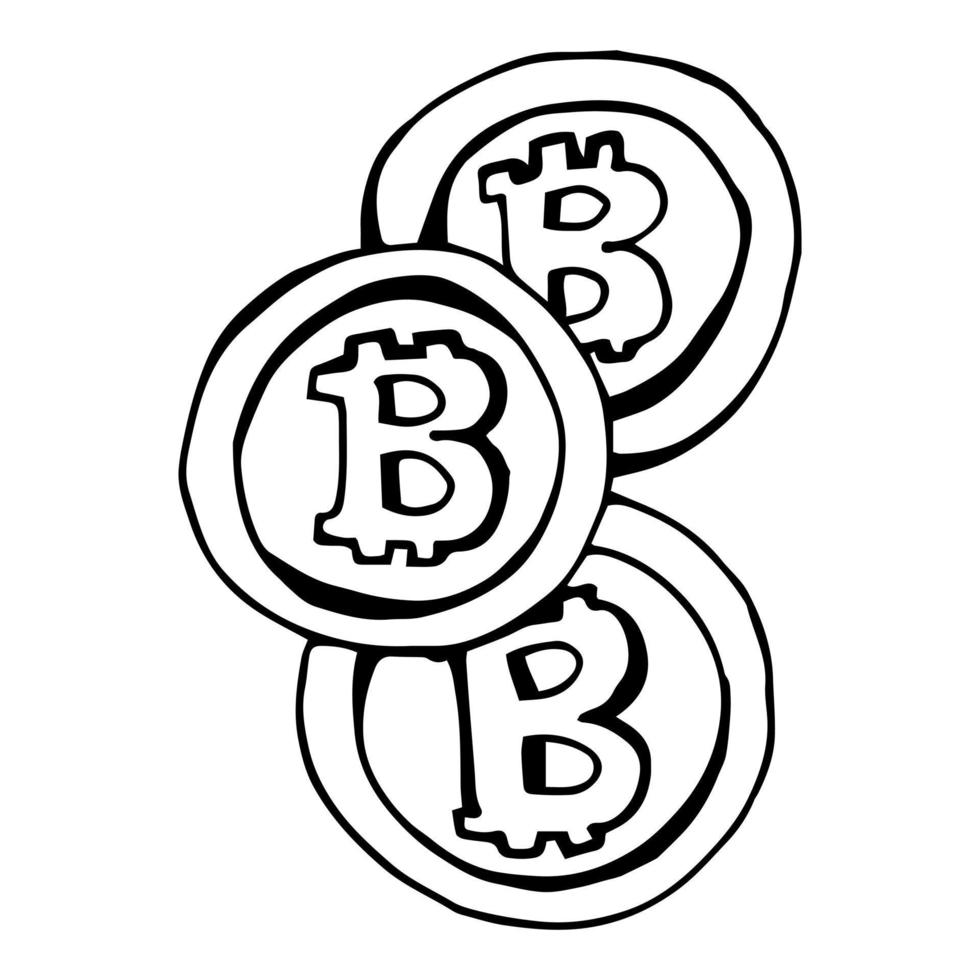 teckning, gravyr, bläck, linje konst, vektor illustration bitcoin skiss i silhuett på en vit bakgrund.
