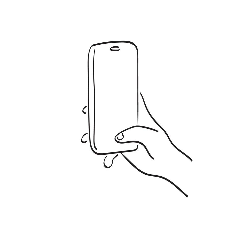 masline kunstnahaufnahmehand, die smartphone mit der leerraumillustrationsvektorhand hält, die lokalisiert auf weißem hintergrund gezeichnet wird vektor