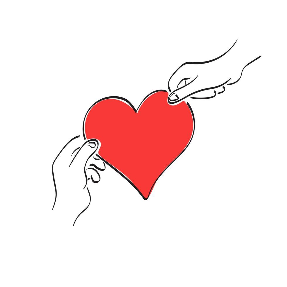 manlig och kvinna händer innehav stor röd hjärta illustration vektor hand dragen isolerat på vit bakgrund linje konst.