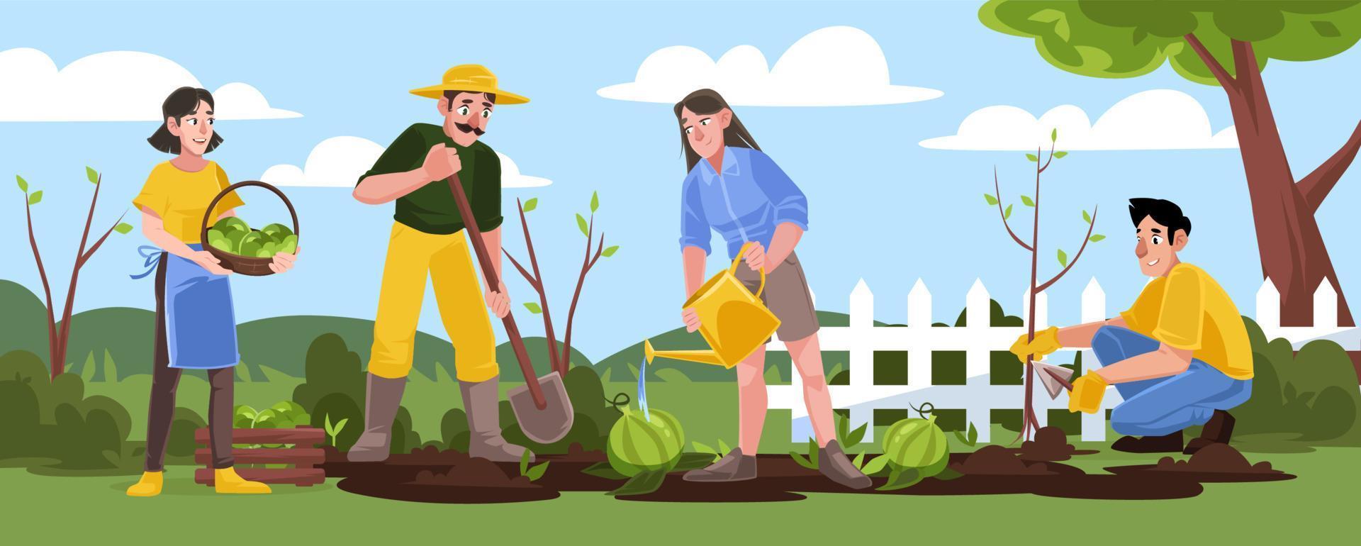 Gartenarbeit oder landwirtschaftliche Arbeiten im Garten, arbeitende Menschen vektor