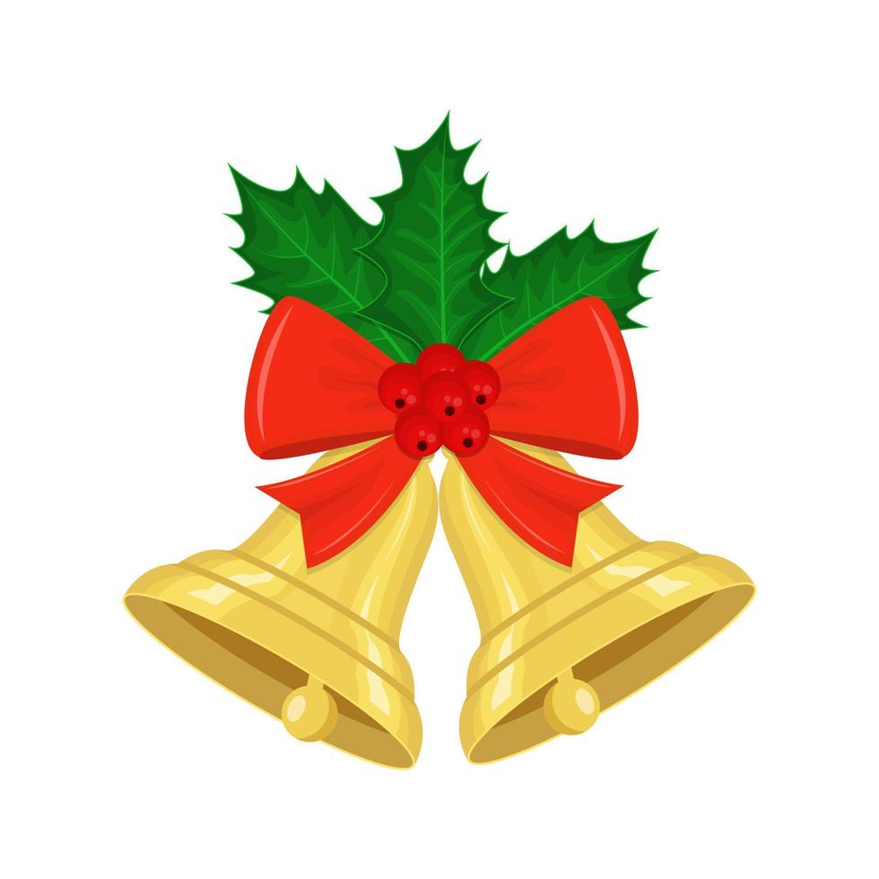 goldene weihnachtsglocken mit stechpalmen- und bogenvektorillustration vektor