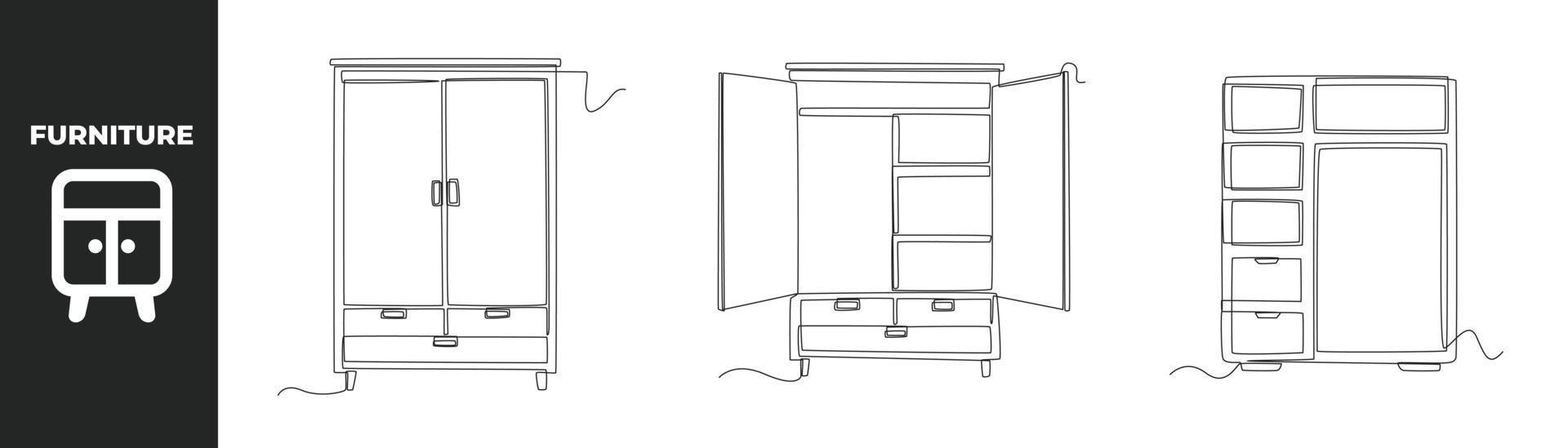 kontinuerlig ett linje teckning modern möbel uppsättning begrepp. trendig trä- skåp. enda linje dra design vektor grafisk illustration.