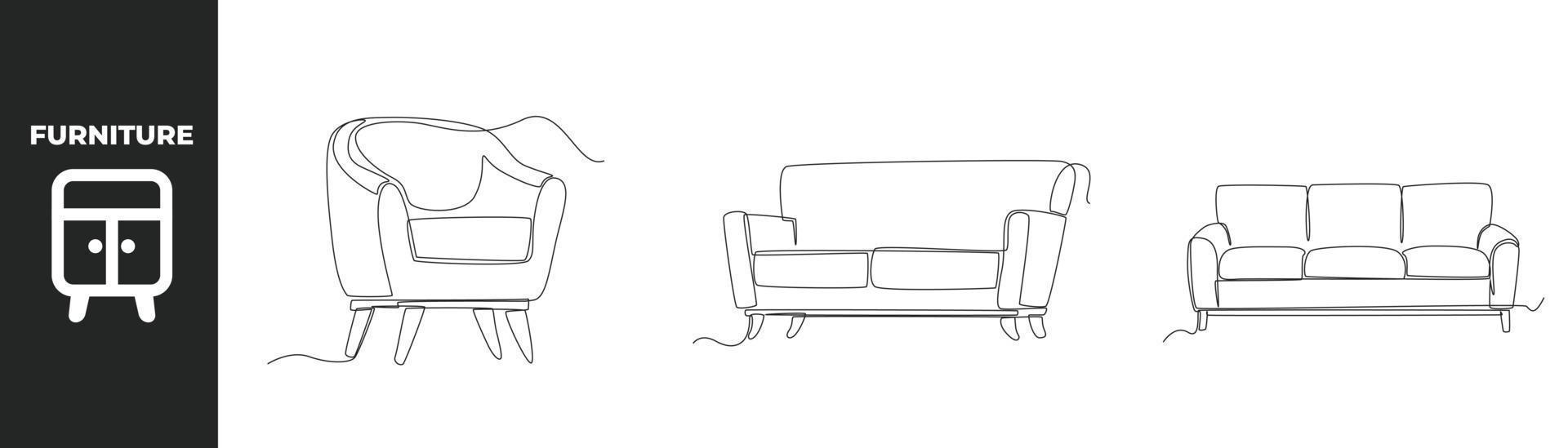 kontinuierliche einzeilige zeichnung modernes möbelset-konzept. trendiger Sofasessel und Sessel. einzeiliges zeichnen design vektorgrafik illustration. vektor