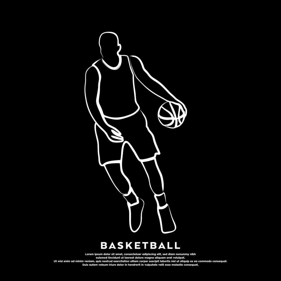 vektorstrichzeichnung des professionellen basketballspielers lokalisiert auf schwarzem hintergrund vektor