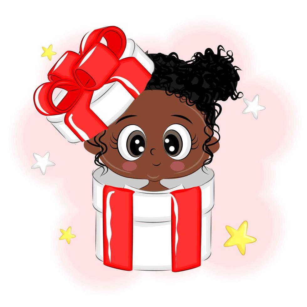 süßes afro-mädchen in einer geschenkbox weihnachtsvektorillustration vektor