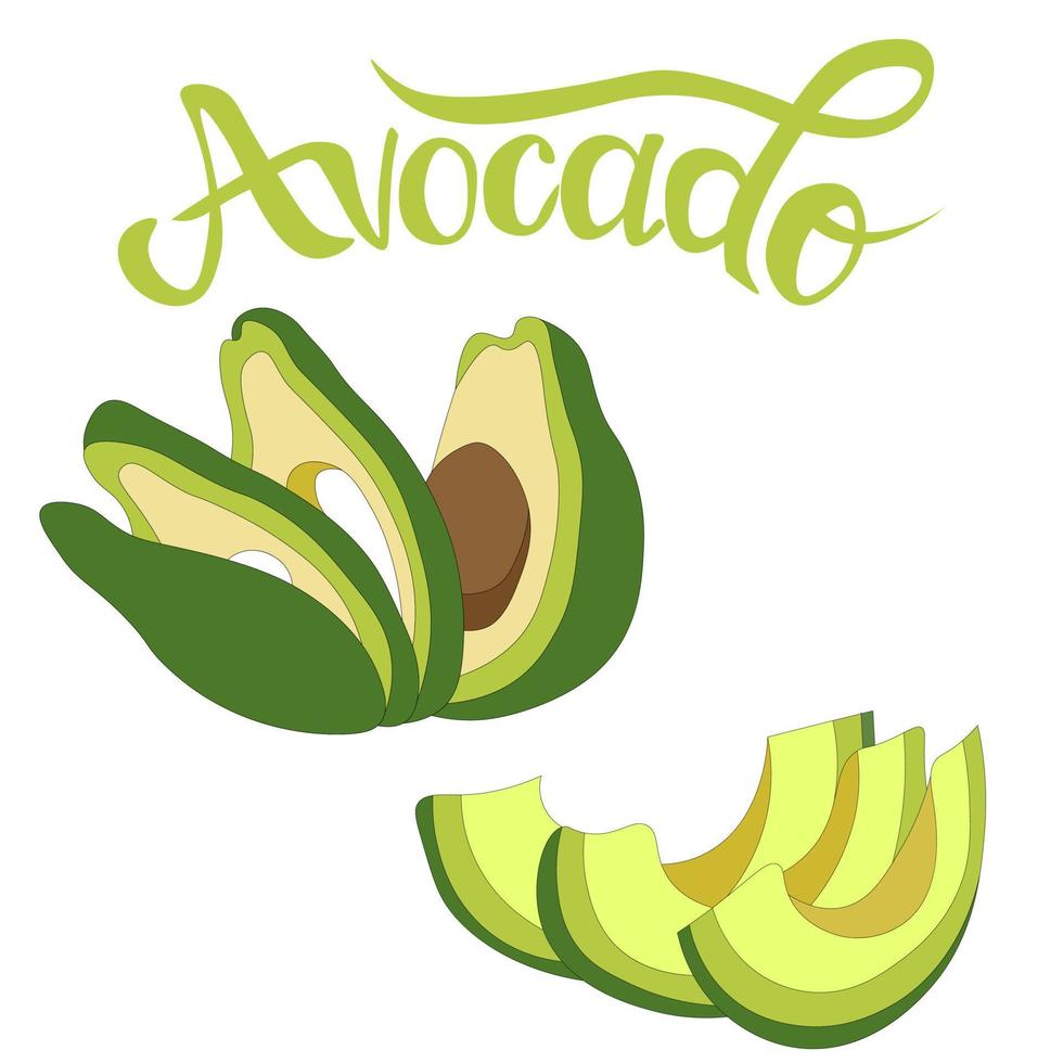 uppsättning av mogen avokado frukt skära in i skivor. avokado inskrift. bruka produkt utan nitrater vektor