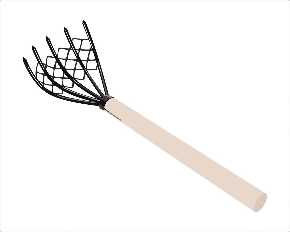 Vektorgrafik von 5-Zahn-Gartenklauenrechen mit Maschennetz, 15,35-Zoll-Handrechen aus Kohlenstoffstahl mit Holzgriff für Gartenstrand isoliert. Gartenhandwerkzeuge vektor