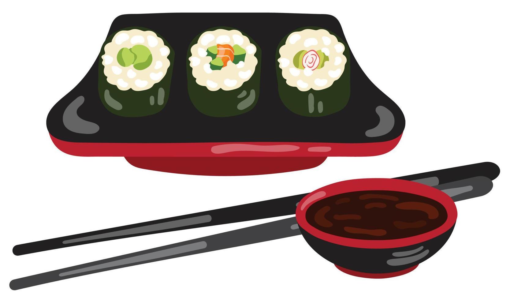 japansk sushi rullar uppsättning och liten skål av mörk soja blöta och svart trä- ätpinnar. hand dragen vektor illustration. lämplig för kulinariska hemsida, vykort, meny.