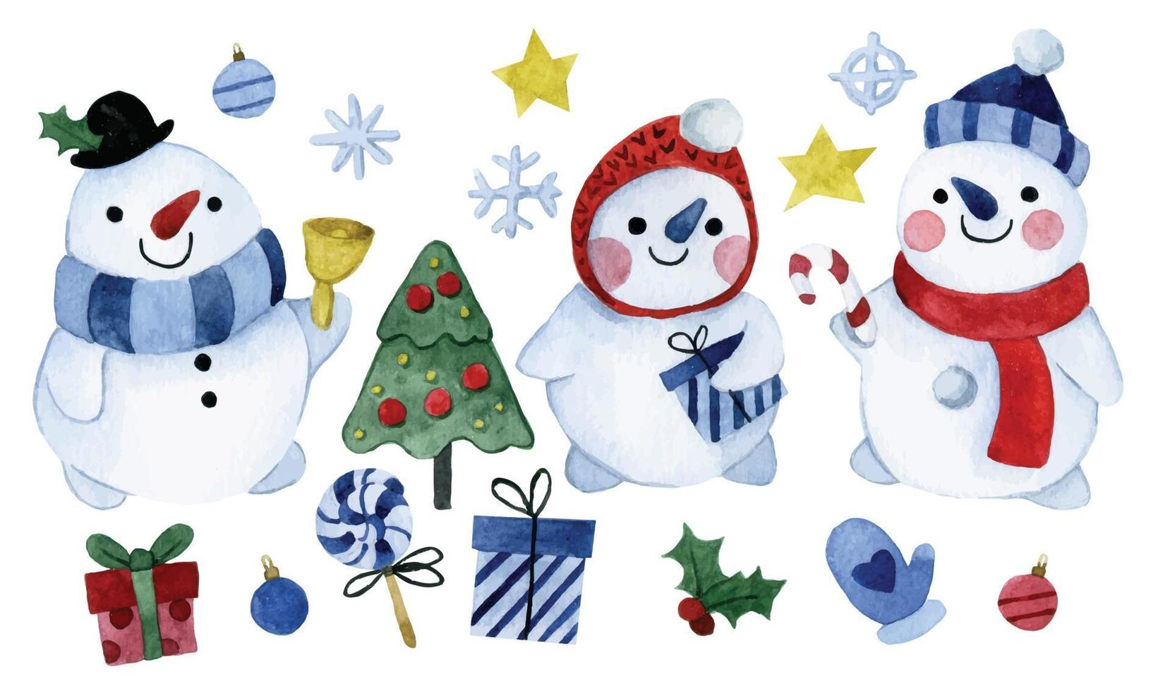 vattenfärg teckning. söt jul uppsättning med snögubbar. tecknad serie stil tecken, jul element, vinter, ny år vektor