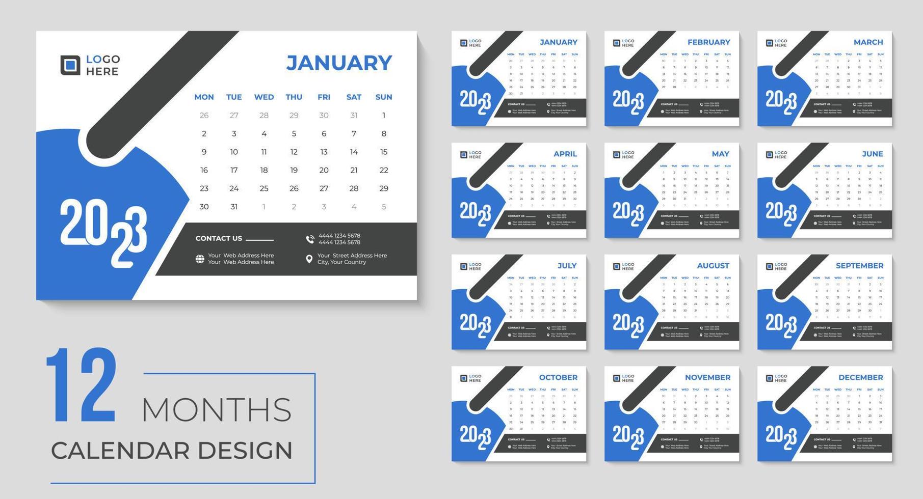 2023 skrivbord kalender design en gång i månaden och årlig vektor