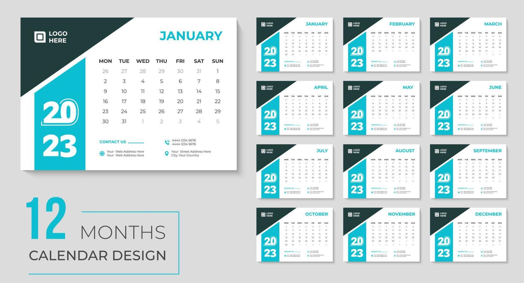 2023 gul skrivbord kalender mall design en gång i månaden och årlig vektor