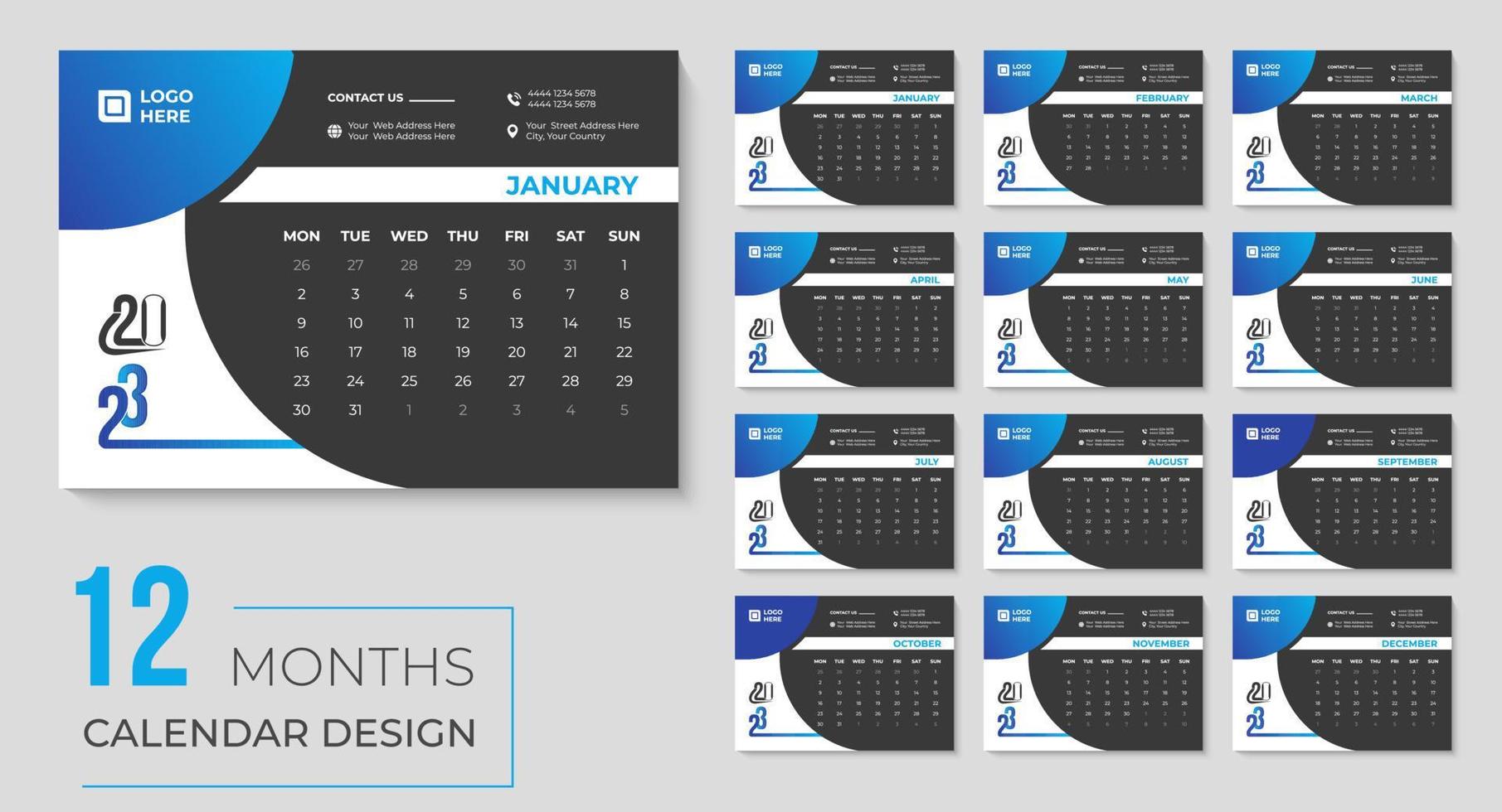 frohes neues jahr 2023 schreibtischkalender design, druckbare kalendervorlage für monatliche und jährliche veranstaltungen für geschäftsagenturen vektor