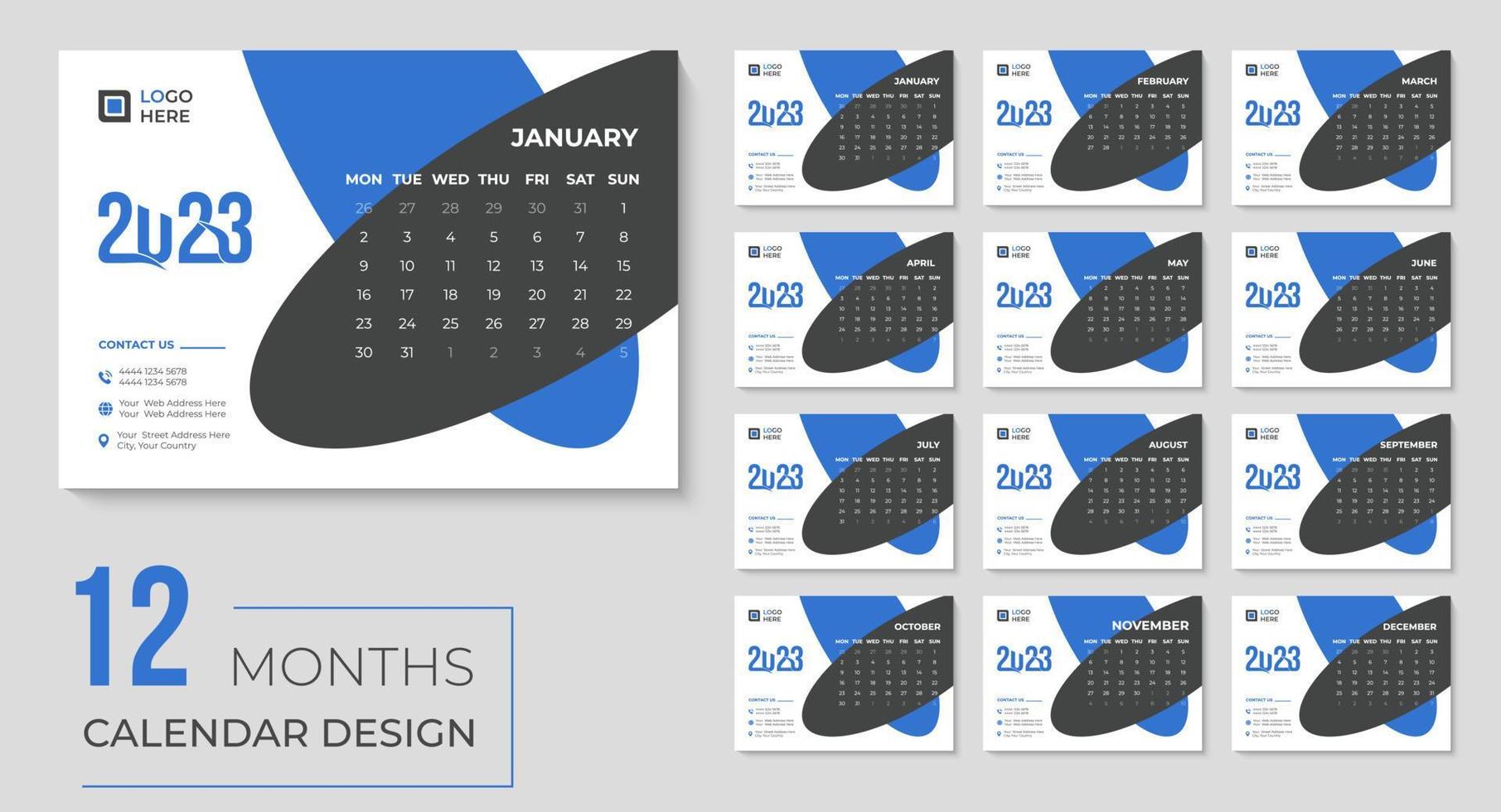 2023 år skrivbord kalender design med en gång i månaden händelse tryckbar kalendrar mall för företag byrå vektor