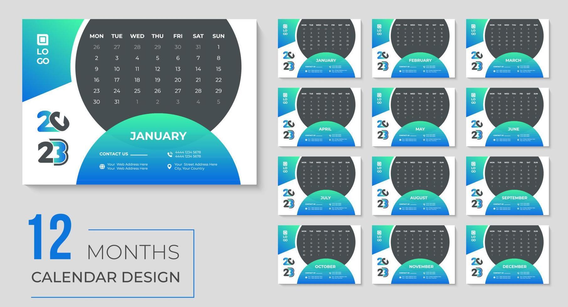 2023-jähriges Tischkalender-Design mit druckbarer Kalendervorlage für monatliche Veranstaltungen für Geschäftsagenturen vektor