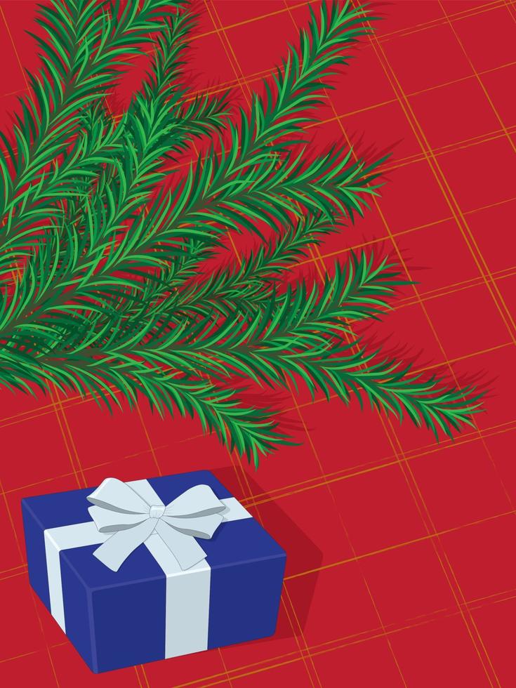 jul och ny år tema bakgrund, gran träd gren och gåva låda på mysigt röd pläd vektor illustration
