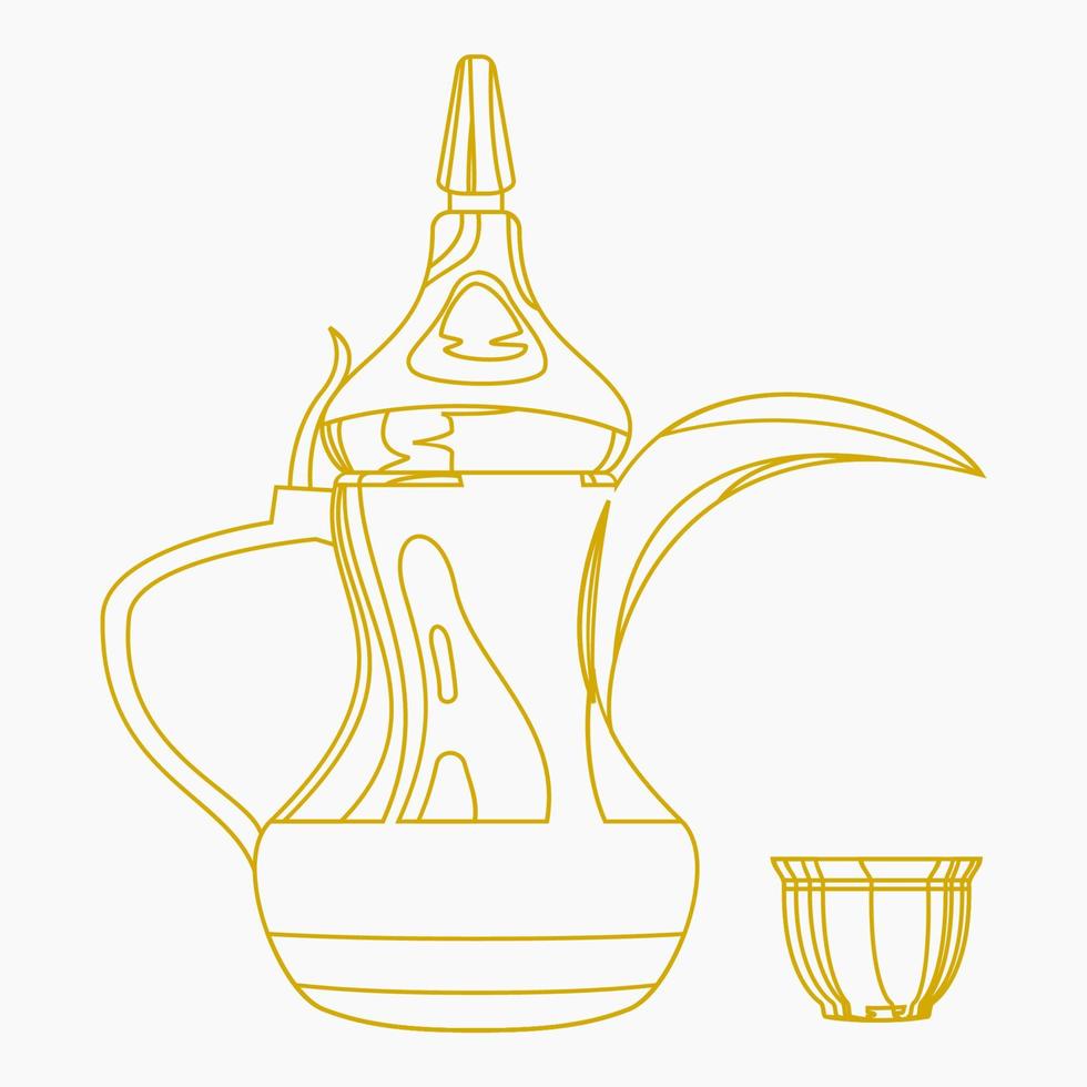 Bearbeitbare Seitenansicht traditioneller arabischer Kaffee in Finjan-Demitasse-Tasse und Dallah-Topf-Vektorillustration im Umrissstil für Café-Design mit arabischer Kulturtradition des Nahen Ostens und islamischen Momenten vektor