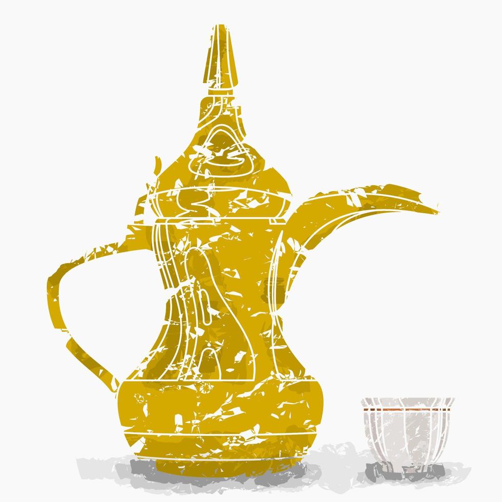 Bearbeitbare Seitenansicht Traditioneller arabischer Kaffee in Finjan-Demitasse-Tasse und Dallah-Topf-Vektorillustration im Pinselstrichstil für Café-Design mit arabischer nahöstlicher und islamischer Kulturtradition vektor