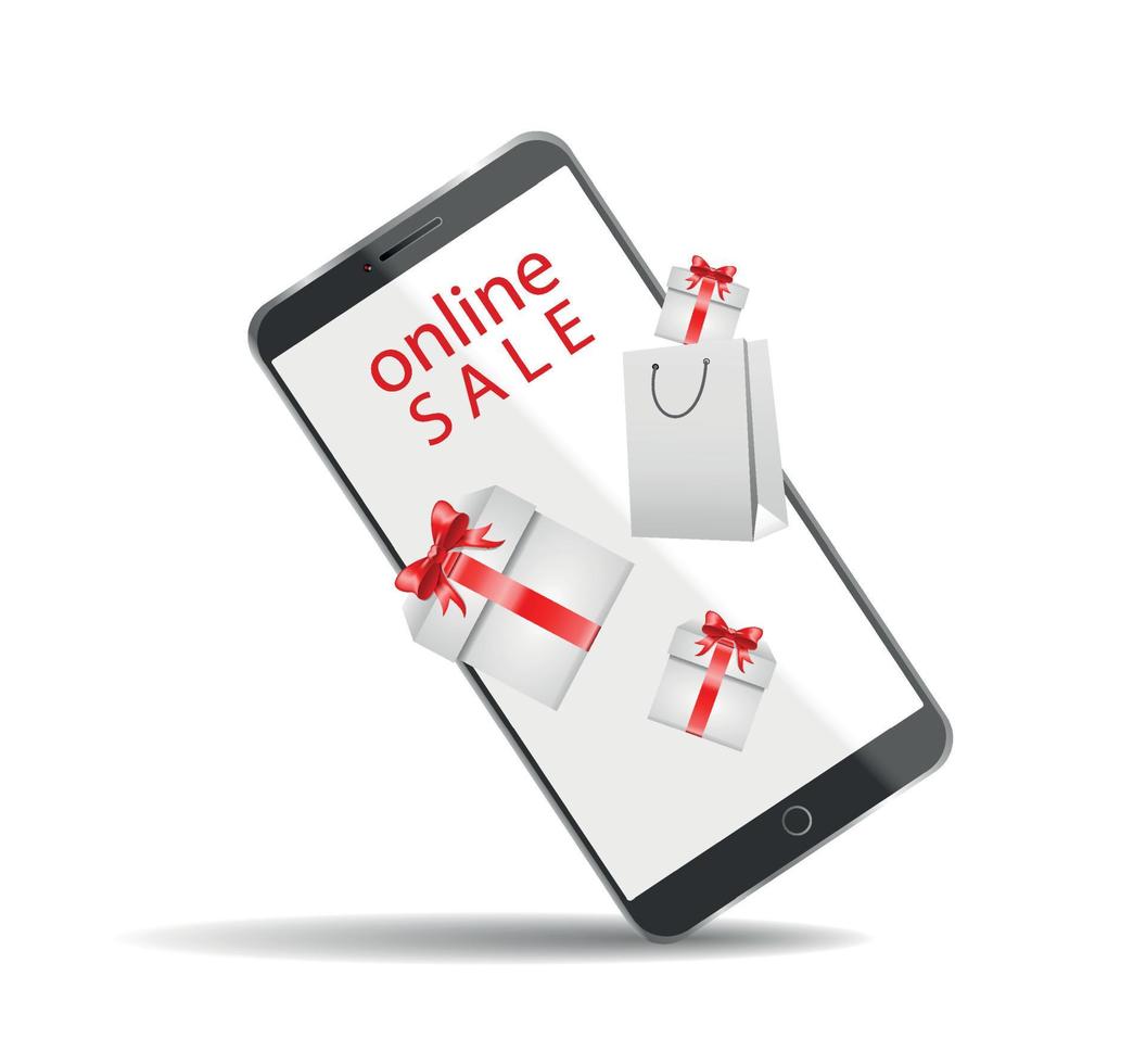 Online-Shopping-Illustration, Online-Zahlung und E-Commerce-Konzept mit schwebenden Elementen. online-verkauf, geschenkbox, rabatt, einkaufskarte, mobiles smartphone vektor