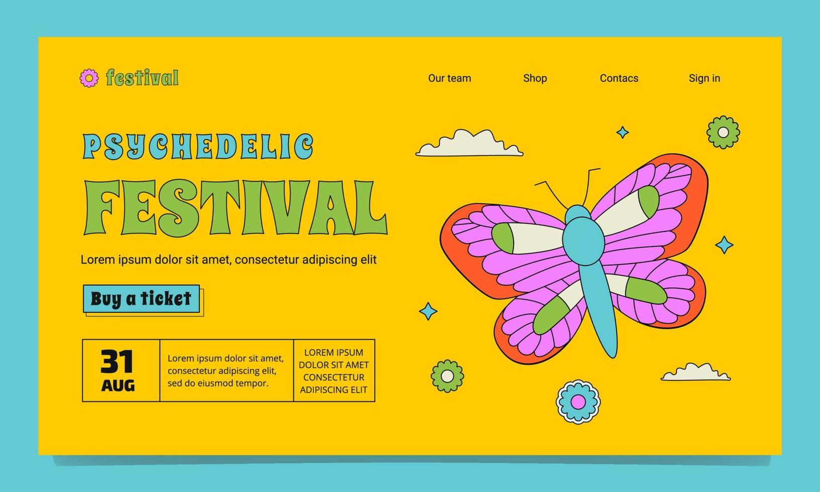 eine Hippie-Landingpage-Vorlage im groovigen Stil für psychedelische Festivals. eine hell umrissene illustration mit einem schmetterling, sternen und blumen. vektor