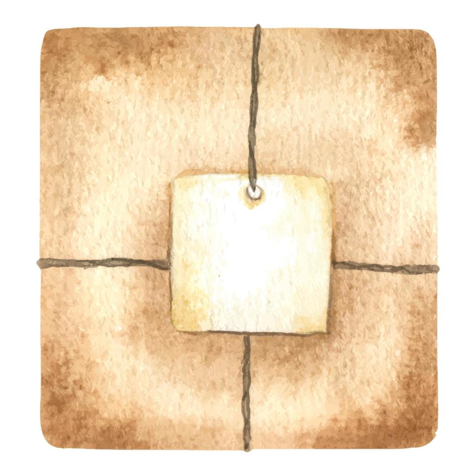 presenterar. skön hantverk brun gåva låda med märka. vattenfärg hand dragen illustration. jul gåva låda täckt med dekorativ papper. isolerat vektor