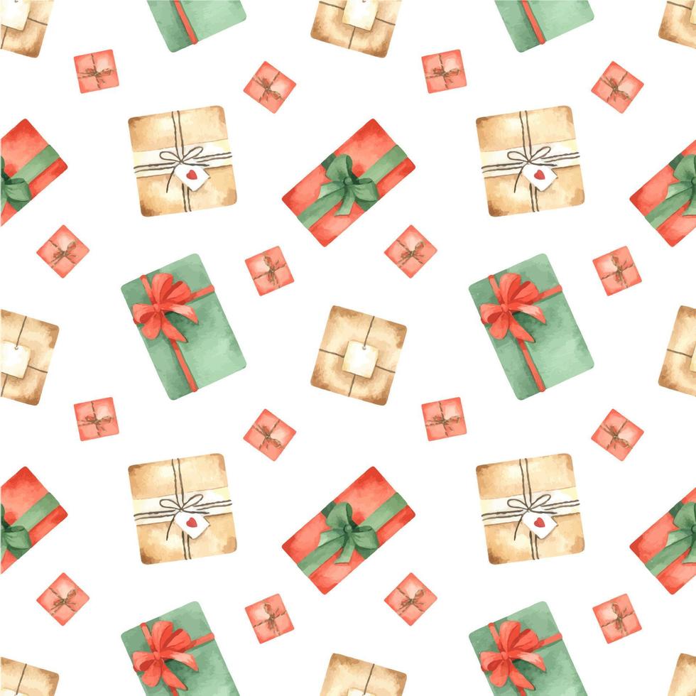 weihnachtsaquarell nahtloses muster mit geschenkboxen in rot, grün und beige. festliche illustration für verpackungspapier, textilien, tapeten, stoffe, designelemente vektor