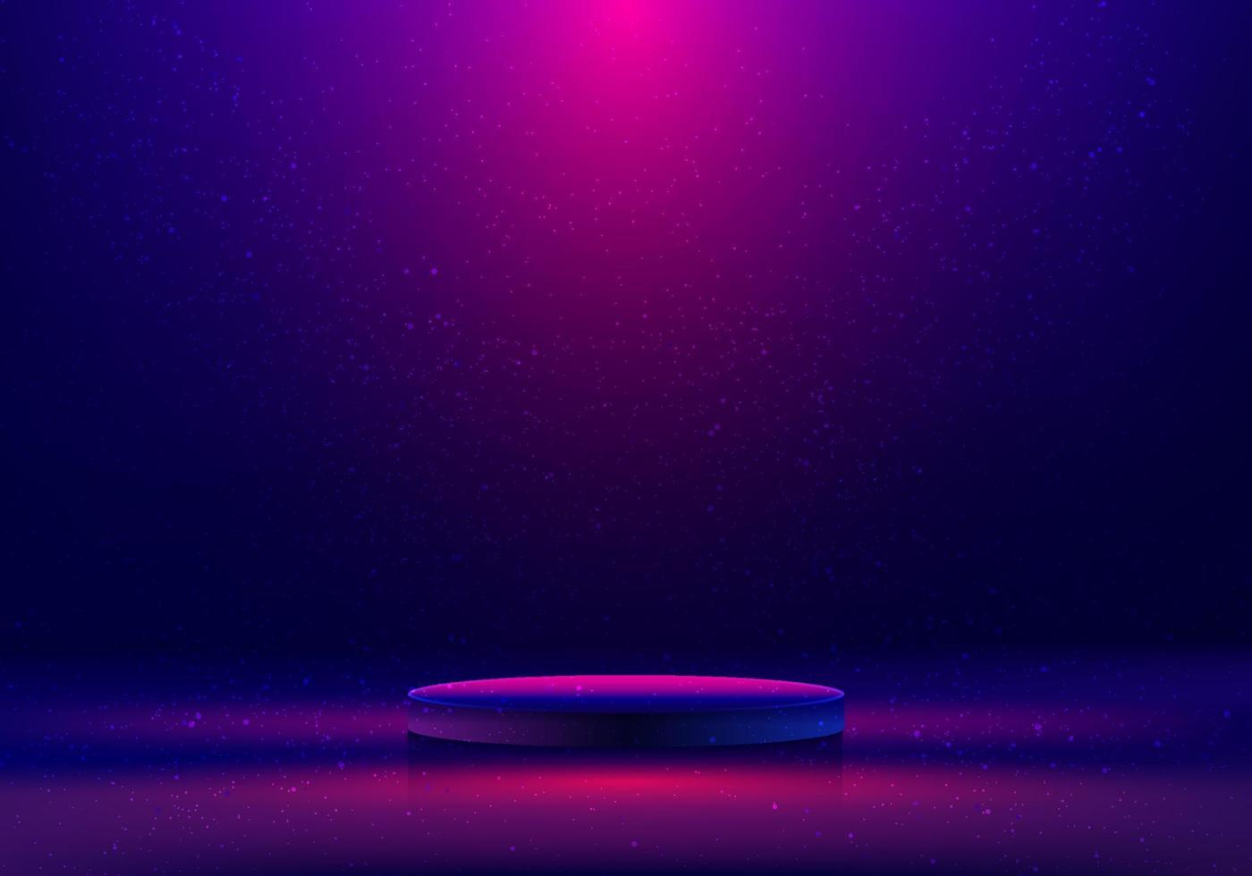 leerer 3d-realistischer blauer und rosa neonfarbpodium-studioraum leuchtender lichteffekt mit dekorationsstaub minimaler szenenhintergrund vektor