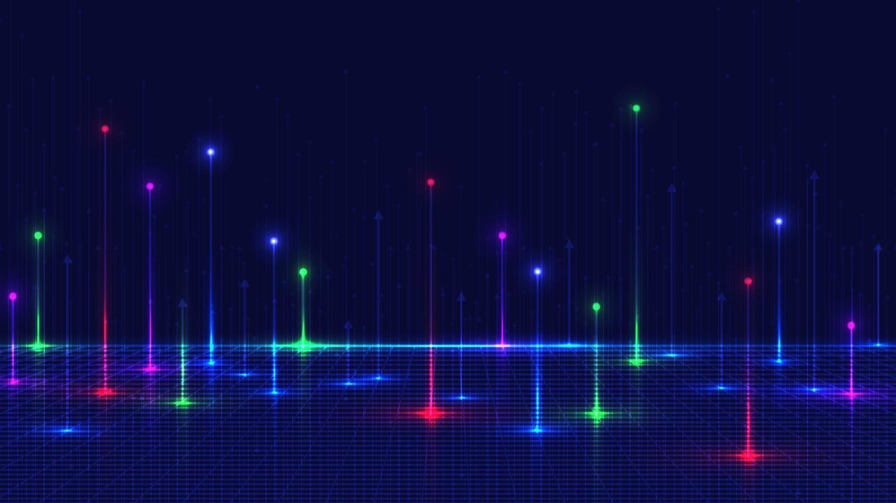 abstrakt teknologi trogen stor data visualisering begrepp neon belysning effekt pil rader signal mönster på mörk blå rader rutnät perspektiv bakgrund vektor