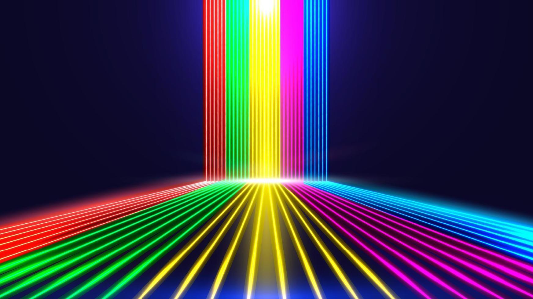 abstrakte leuchtende neonfarben beleuchtungslinien perspektive auf dunkelblauem hintergrund vektor