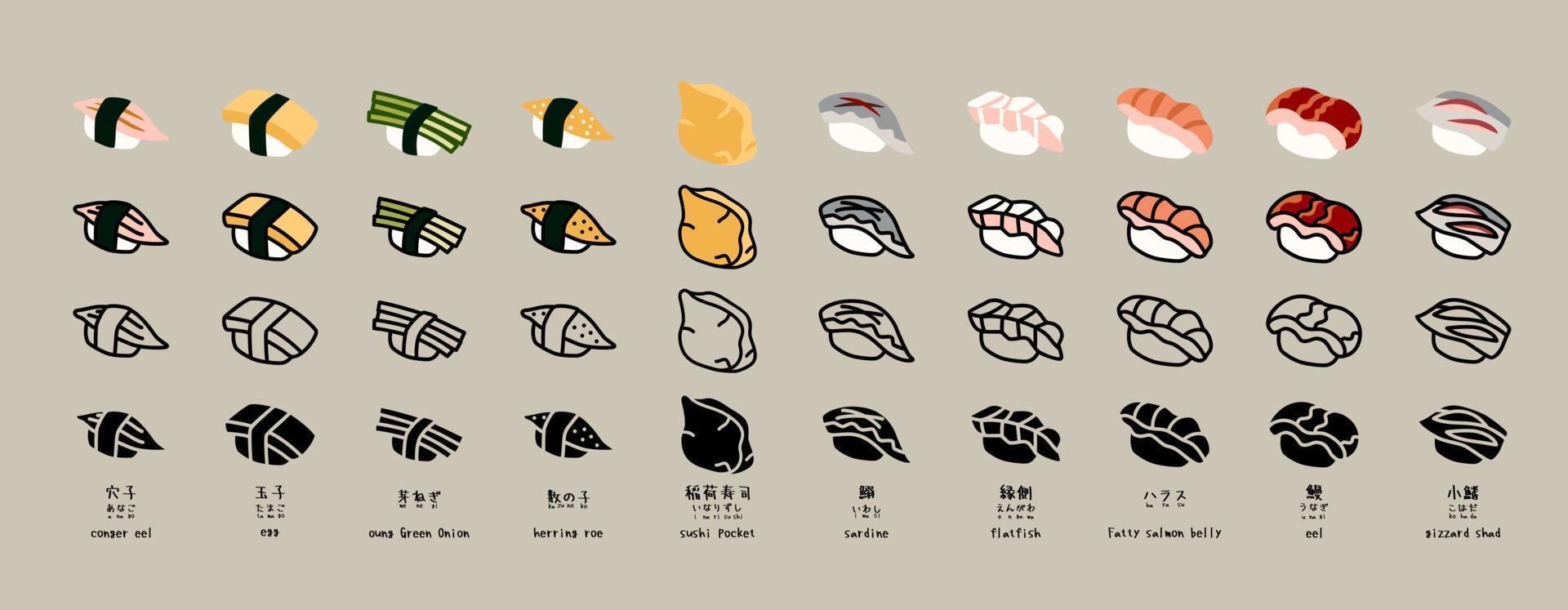 Vektor-Sushi-Icon-Set. vier Stil. vektor