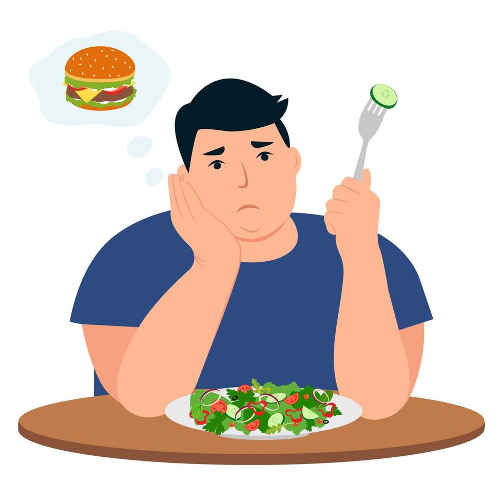 Übergewichtiges Mädchen auf Diät, das von Kuchen träumt. Eine traurige Frau sitzt mit einem Salatteller am Tisch. das konzept der gewichtsabnahme und der ernährung. Vektor-Illustration vektor