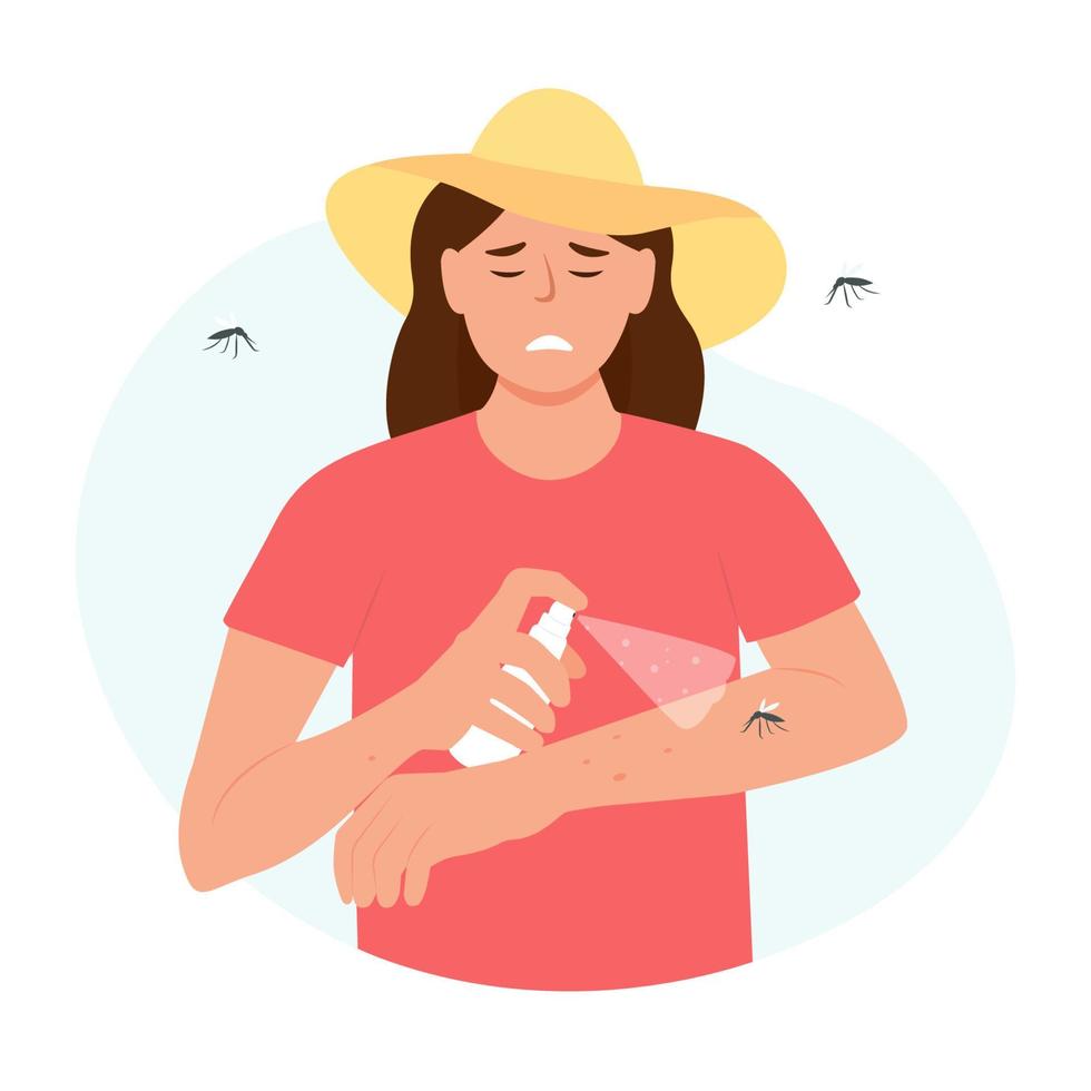 betonade ung kvinna besprutning insekt frånstötande på hans hand. Ansökan av mygga spray. vektor illustration