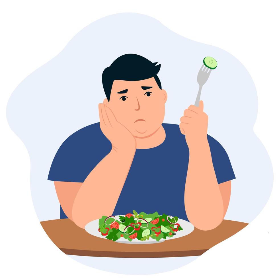 en ledsen man är Sammanträde på de tabell med en tallrik av sallad. de begrepp av vikt förlust och diet. vektor illustration