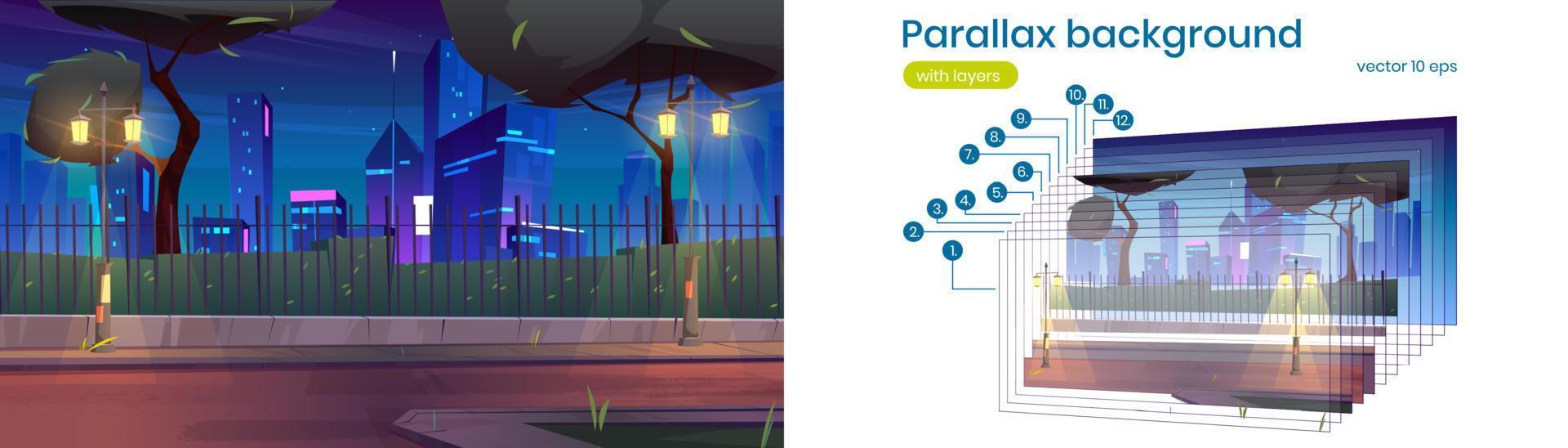 Parallaxenhintergrund mit Stadtstraße bei Nacht vektor
