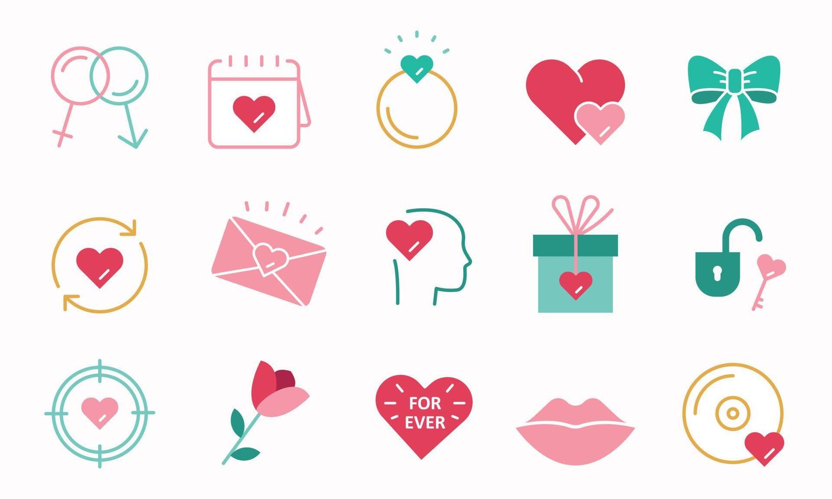 kärlek platt ikoner uppsättning. bröllop, dejta, romantisk möte tecken. helgon valentine dag emblem. vektor illustration