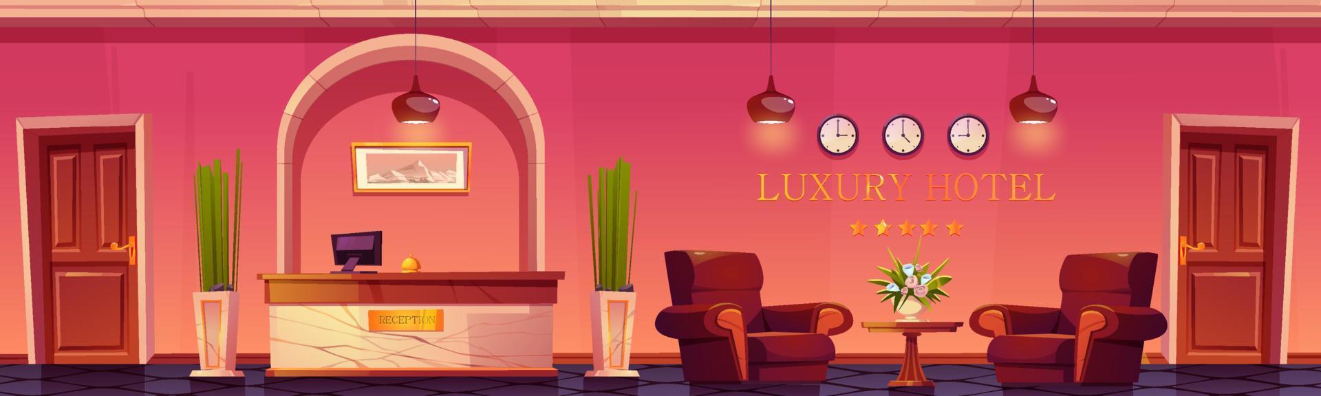 lyx hotell lobby med reception skrivbord och blommor vektor