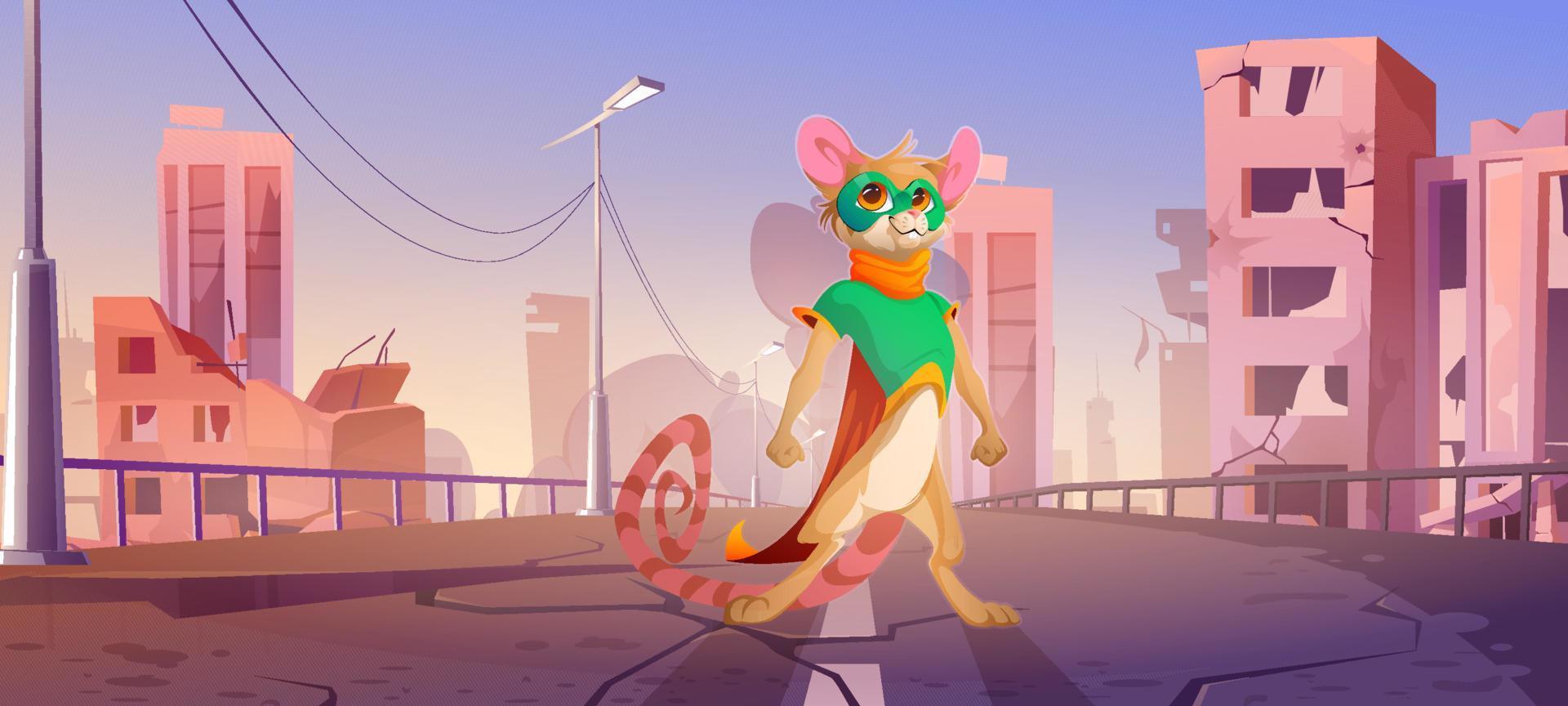 Maus-Superheld auf der Straße der zerstörten Stadt vektor