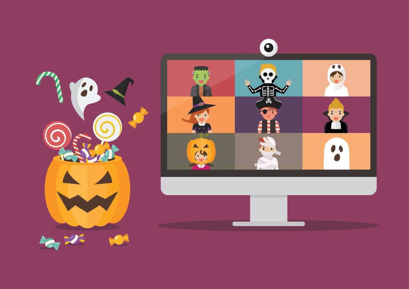 Halloween-Party-Videokonferenz auf dem Computerdisplay vektor