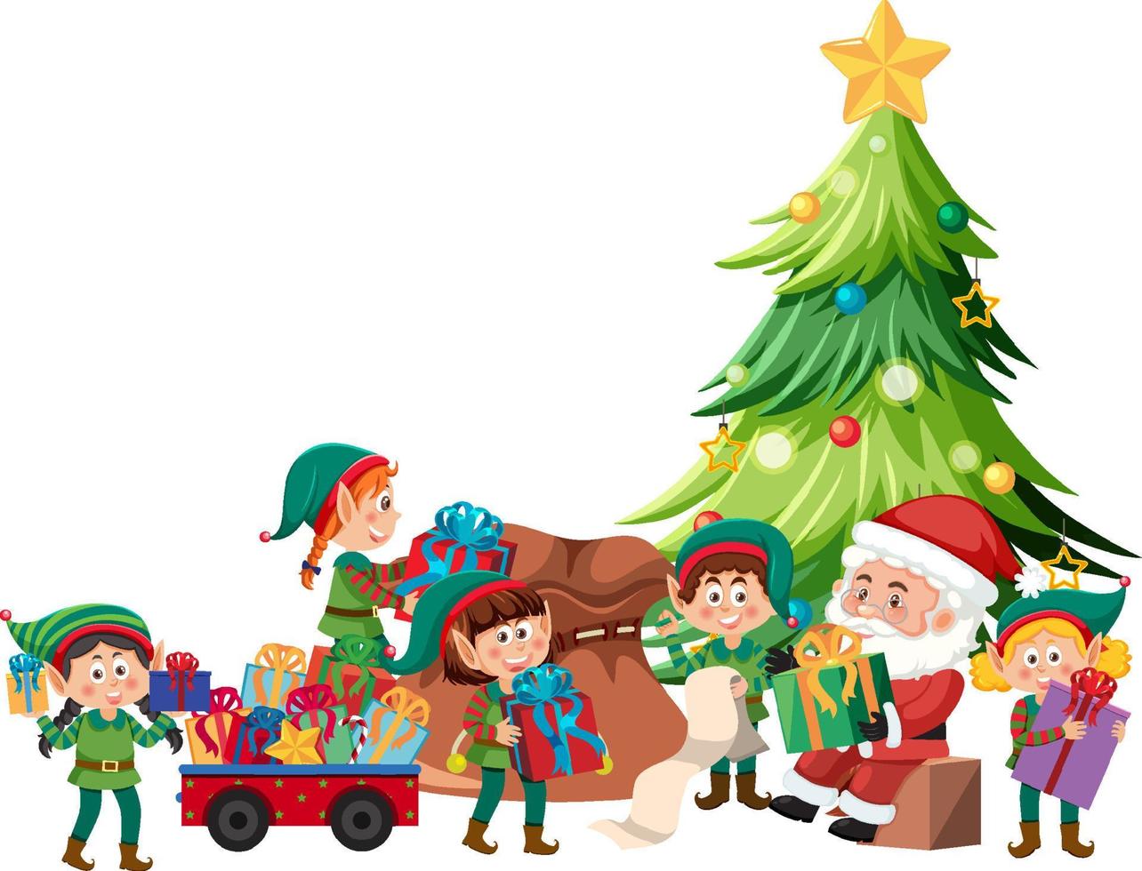 weihnachtsmann und elfen liefern geschenk für weihnachten vektor