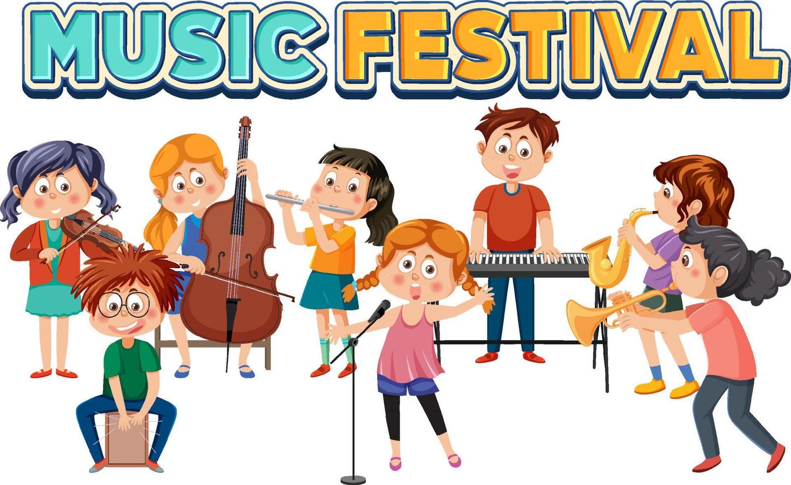 musik festival text med barn spelar musikalisk instrument vektor