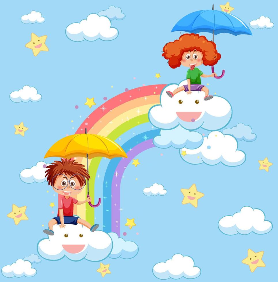 glückliche kinder im himmel mit regenbogen vektor