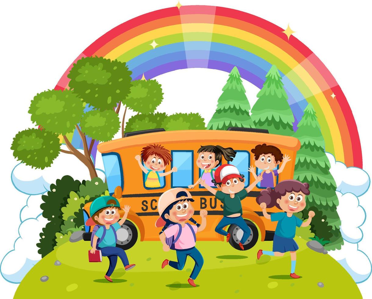 barn med skola buss i tecknad serie stil vektor