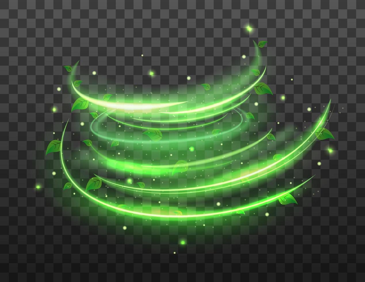 grön spiral vår vind effekt med grön stjärna och löv på transparent bakgrund. grön lysande skinande rader effekt. vektor illustration
